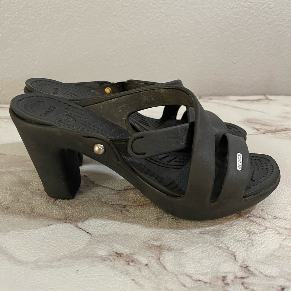 Crocs Womens Black Slide Sandals Heels Sz US 8. 
Heel approx 4” height